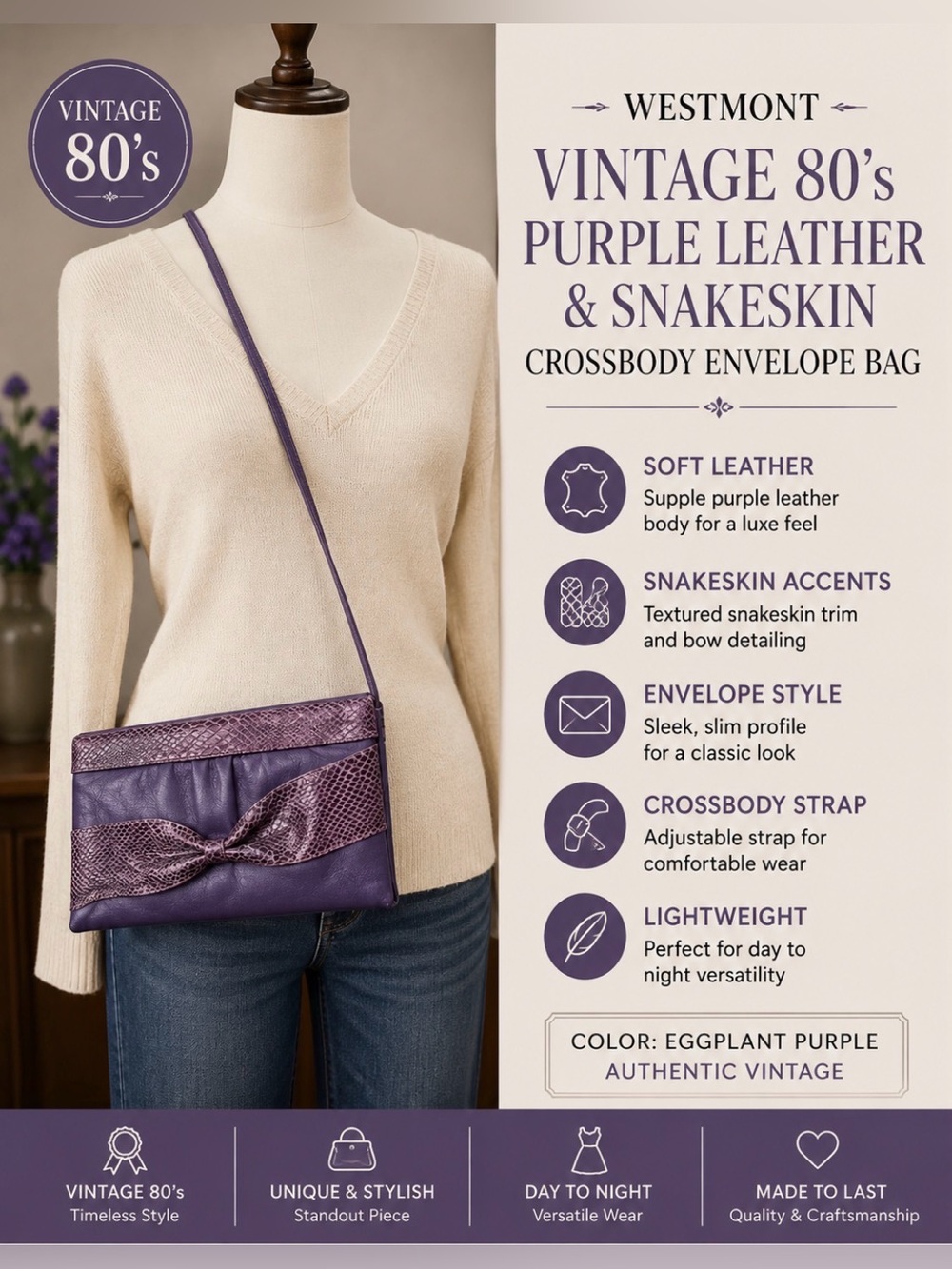 Westmont- vintage 80’s- Purple Leather and Snakeskin crossbody envelope bag